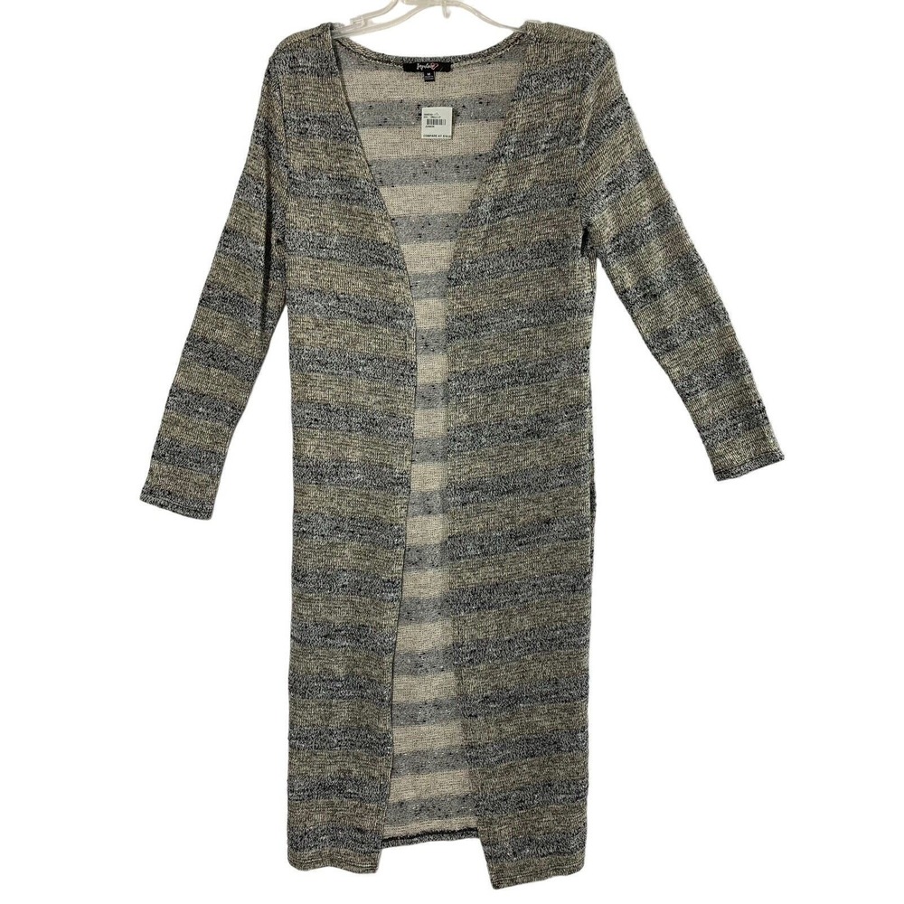 Womens Long Cardigan Sz Medium Stripe Metallic Gold Thread Open Front Sweater